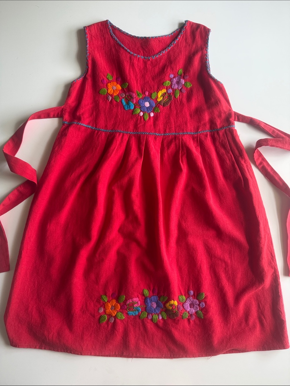 Girls' Red Floral Hand Embroidered Pinafore Dress Sz 10 VGUC
